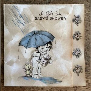 Vintage 1950’s-1960’s Baby Shower Gift tag/card for with Bear and Umbrella